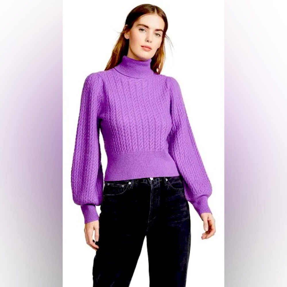 A.L.C. Callas Cable Knit Long Puff Sleeve Turtleneck Sweater Purple Wool Casual